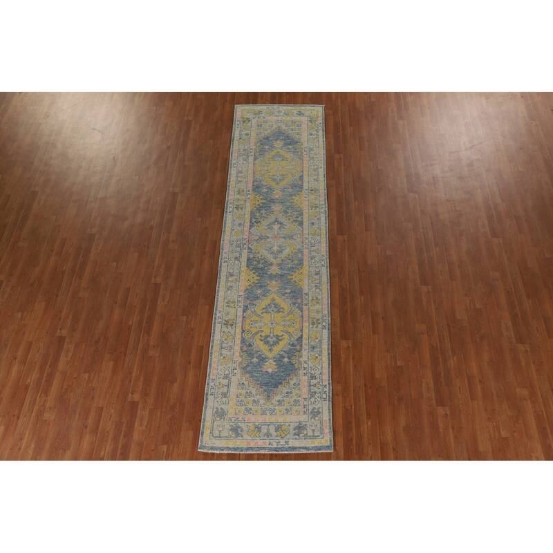 Vegetable Dye Oushak Turkish Runner Rug Handmade Wool Carpet - 3'0"x 11'9"