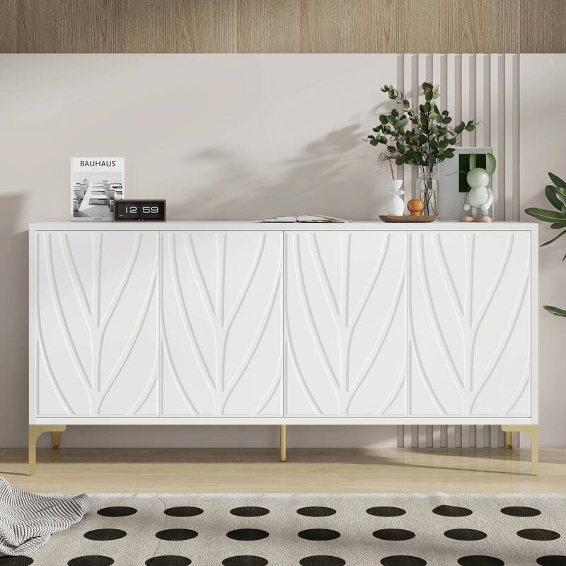 60" Carved Credenza Storage Cabinet, Handleless Press-to-Open Sideboard with 4 Doors - White