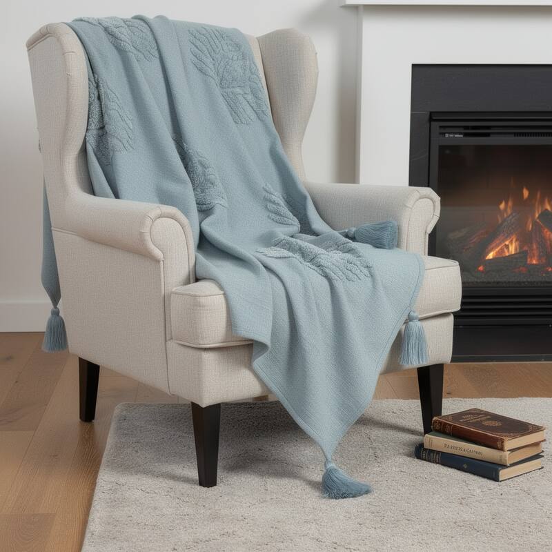 HomeRoots 50" X 60" Aqua Cotton Woven Ikat Throw Blanket with Tassels - Throw - Aqua