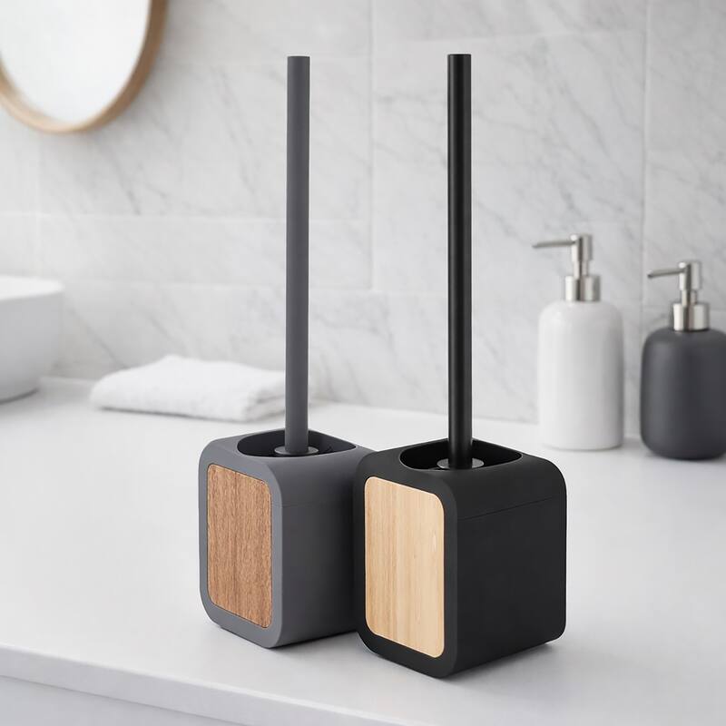 Toilet Brush and Holder Rubber and Wood - 4 L x 3.9 W x 15.2 H