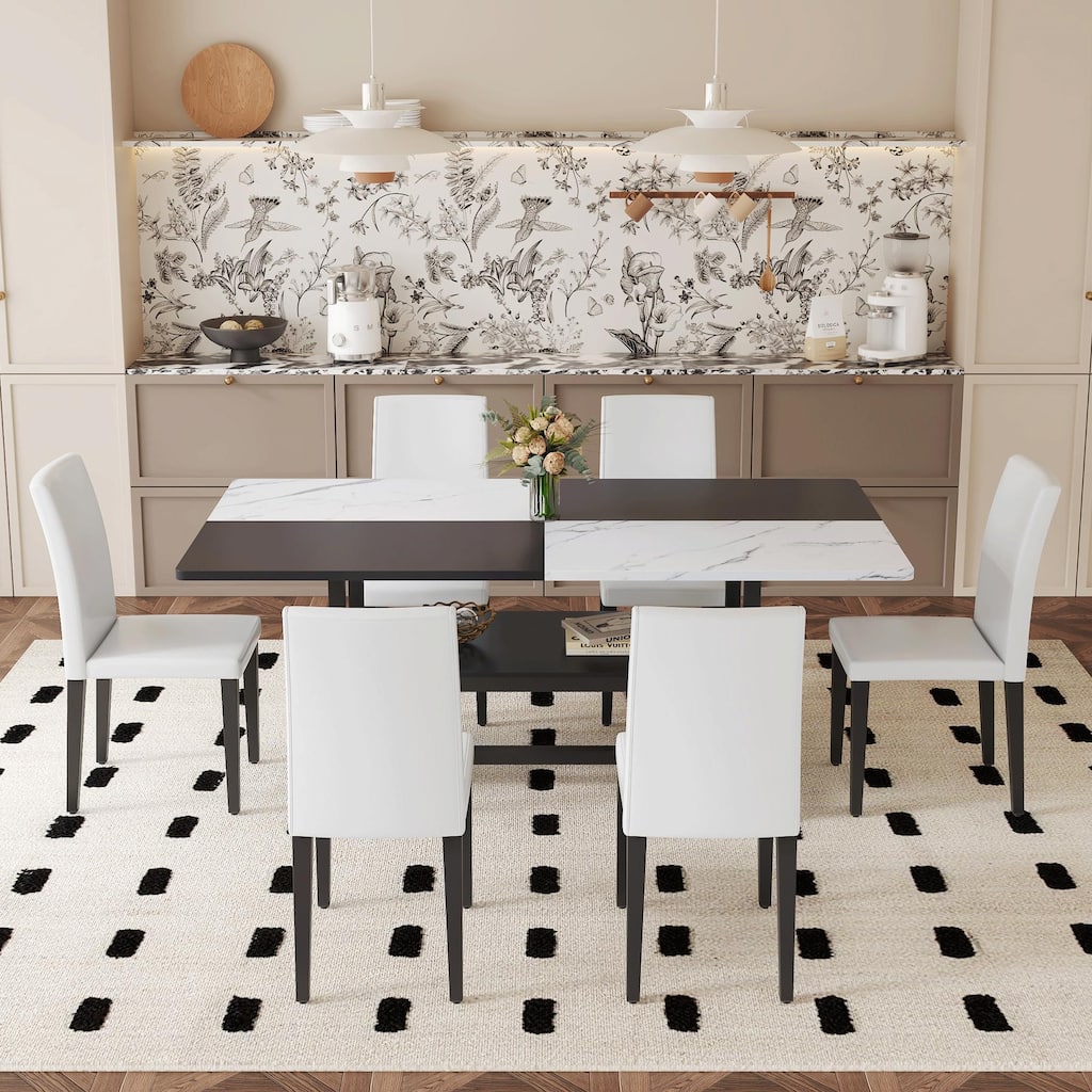 71" Two-Tone Rectangular Dining Table Set with Lower Storage Shelf, Modern Kitchen Dining Table & Chairs Set for Family