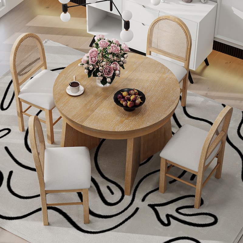 5-Piece Retro Rattan-Back Extendable Round Dining Set with Upholstered Linen Seats by Harper&Bright Designs