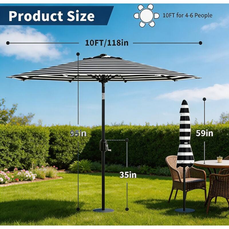 9 ft Patio Umbrella, with Crank Lift & Push Button Tilt, 8 Sturdy Ribs