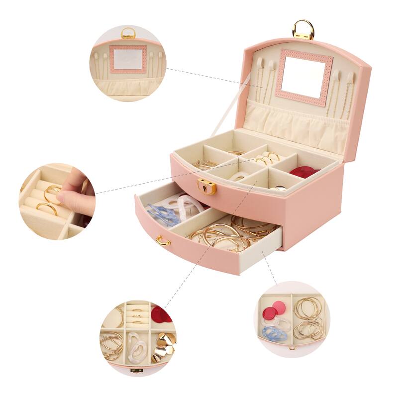 2 Layer Jewelry Box for Girls, PU Leather Jewelry Organizer Case Storage Display Holder with Drawer, Removable Jewelry Tray