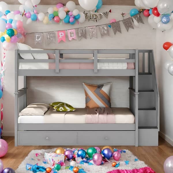 slide 2 of 48, Modren Twin Over Twin Bunk Bed with Twin size Trundle For Bedroom Grey