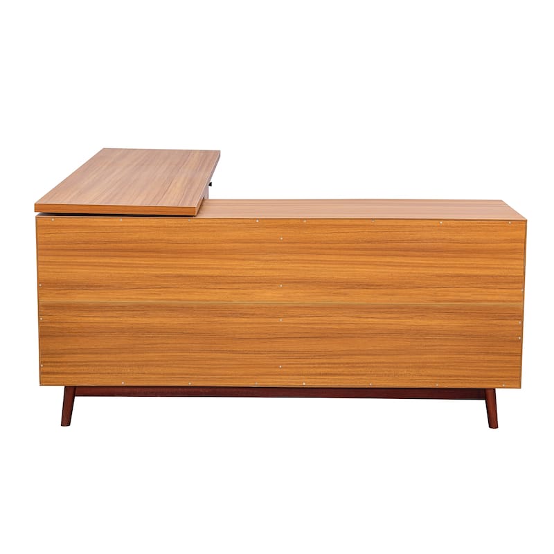 66.5" Large Office Desk with Drawers, Modern L-shaped Desk with Delicate Tempered Glass Cabinet Storage, Business Desk