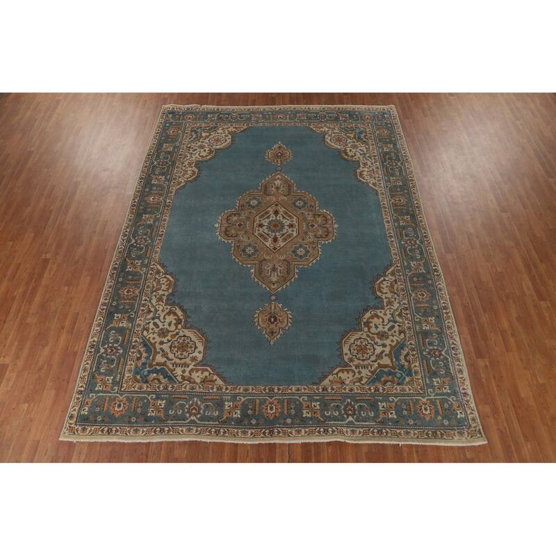 Blue Tabriz Vintage Persian Area Rug Hand-Knotted Wool Carpet - 9'4" x 12'7"