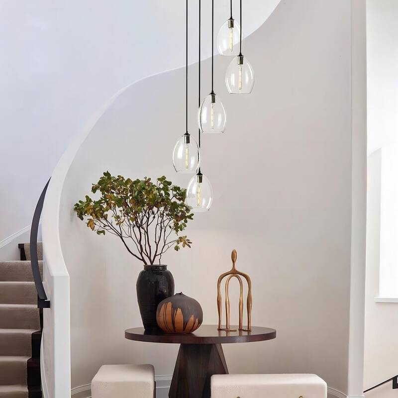 5-Light Modern Cluster Black Pendant Light with Glass Shade