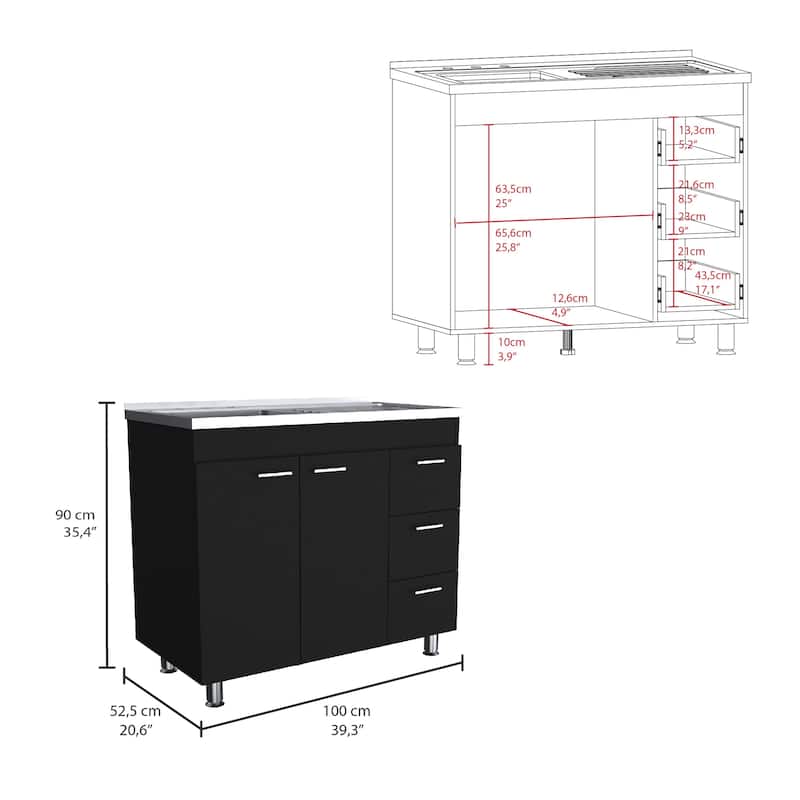 39-inch Wide Double Door Utility Sink cabinet with 3 Drawers - N/A