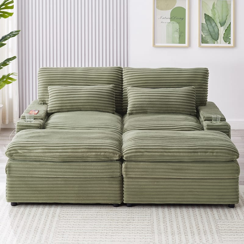 Corduroy Modular Sectional Sofa with USB Ports & Cup Holders, 2 Seat Couch Loveseat with 2 Ottomans Convertible Sleeper Sofa Bed