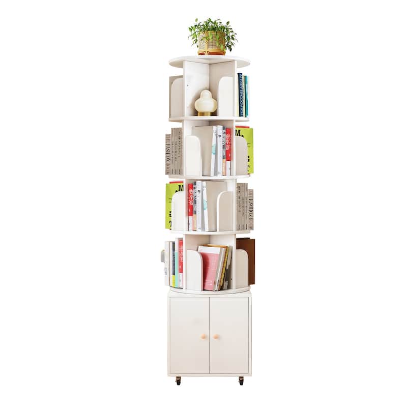 360 Degree Display 5 Tier Corner Bookshelf with Drawer, Floor Standing Bookcase Storage Rack, Wood Narrow Book Shelf Organizer