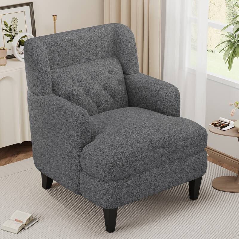 Teddy Fleece Fabric Upholstered Accent Chair, Ergonomic Living Room Club Chair, Lounge Armchair with Tufted Back & Solid Legs - DARK GREY