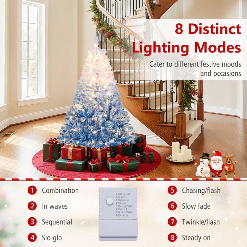 Gymax 5/6/7/8 FT Artificial Christmas Tree Hinged Snow Flocked Xmas - Blue, White