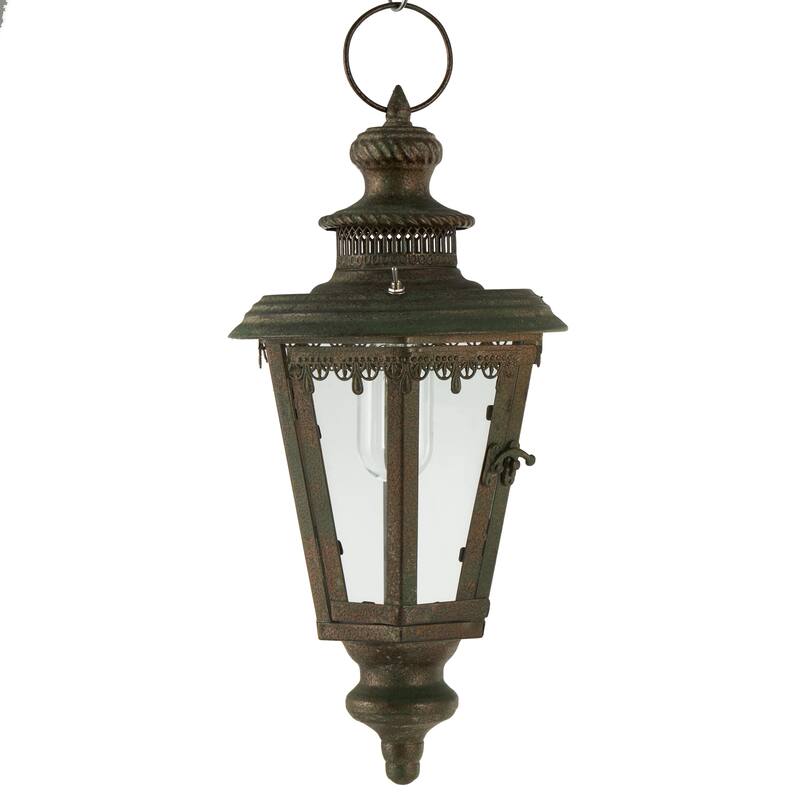 Brown Metal Lighthouse Style Decorative Indoor Outdoor Candle Lantern with Ring Handle - 8"W x 8"L x 16"H