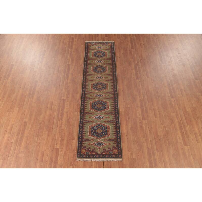 Green Geometric Kazak Oriental Runner Rug Wool Carpet - 2'6"x 9'9"
