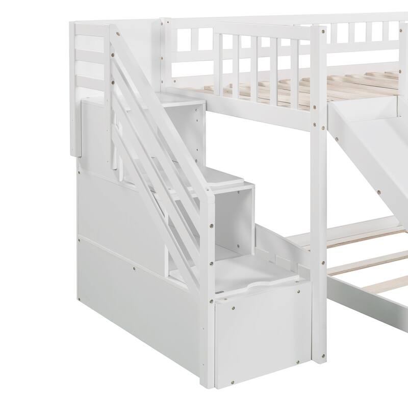Twin over Twin Bunk Bed with Storage Stairs and Slides, Low Profile Platform Bed, Daybed and Floor Bed Set, No Box Spring Need