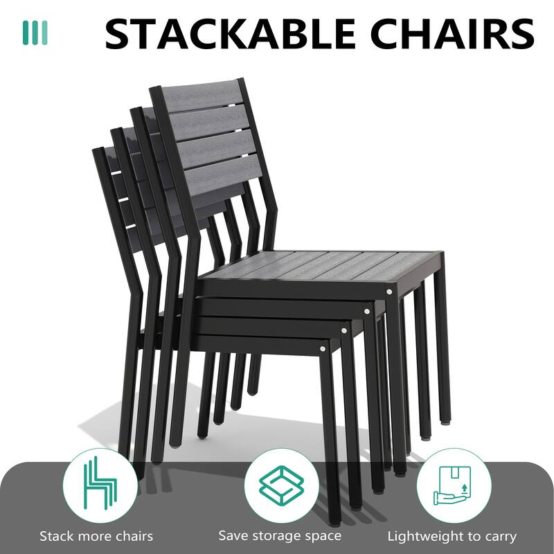 11-Piece Outdoor Patio Dining Set Wood-Like Table Top Alumium Umbrella Hole Table with Stackable Chairs