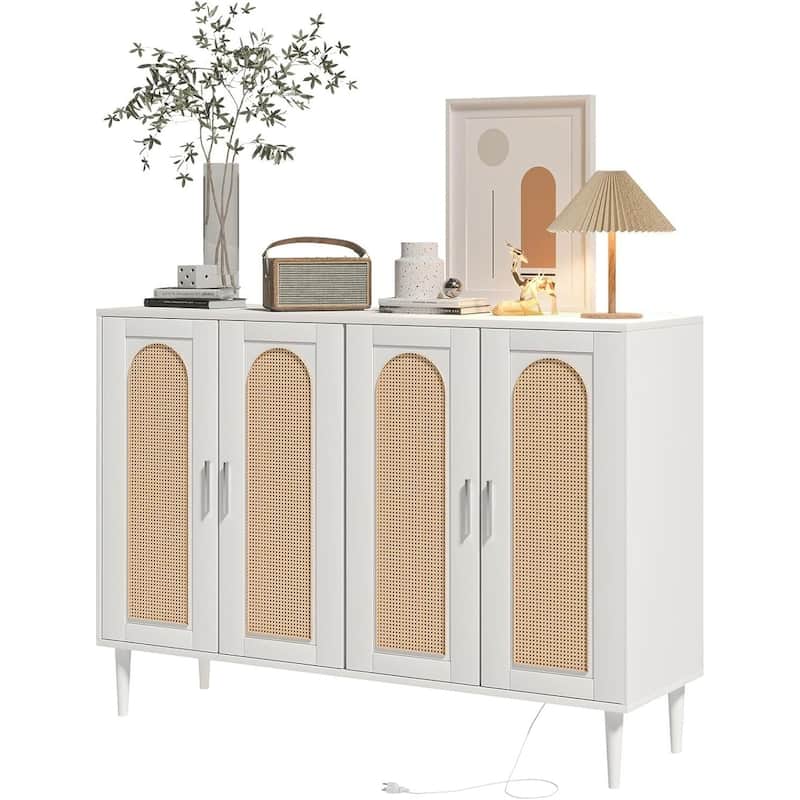 Rattan Sideboard Buffet Cabinet With Power Outlet, BOHO Wooden Side board With 4 Doors