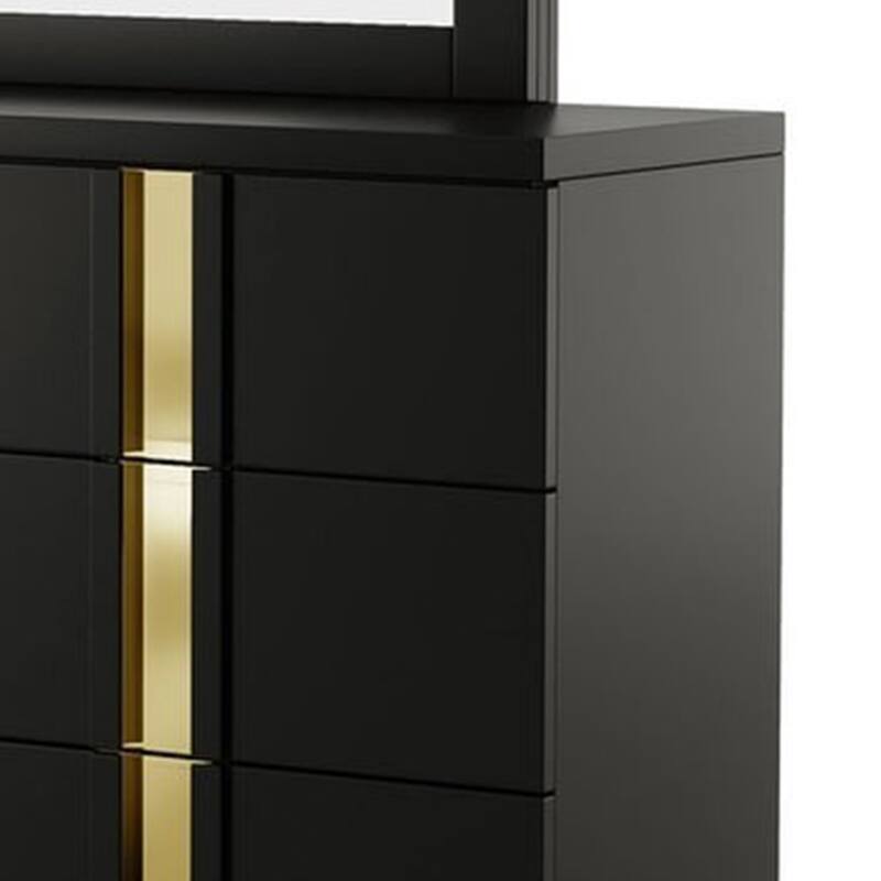 Yoki Wide Dresser, 6 Drawers, Modern Glam Black and Gold