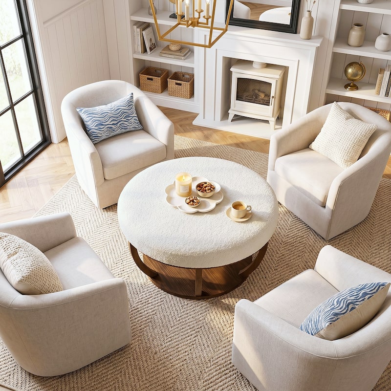 2-Tier Round Ottoman Coffee Table with Solid Wood Frame for Living Room - 31.5" L x 31.5" W x 18.1" H
