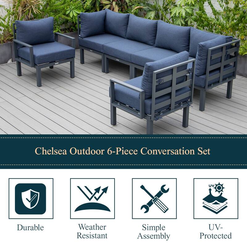 Chelsea 6-Piece Outdoor Patio Sectional Set in Black Aluminum with Removable Cushions for Backyard Garden and Patio Deck