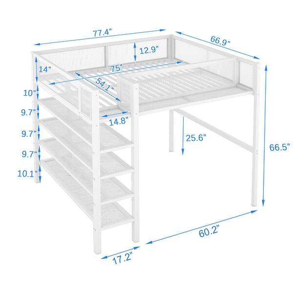 Full Size Metal Loft Bed with 4-Tier Shelves and Guardrail Storage , Modern Design, Spacious Workstation Below