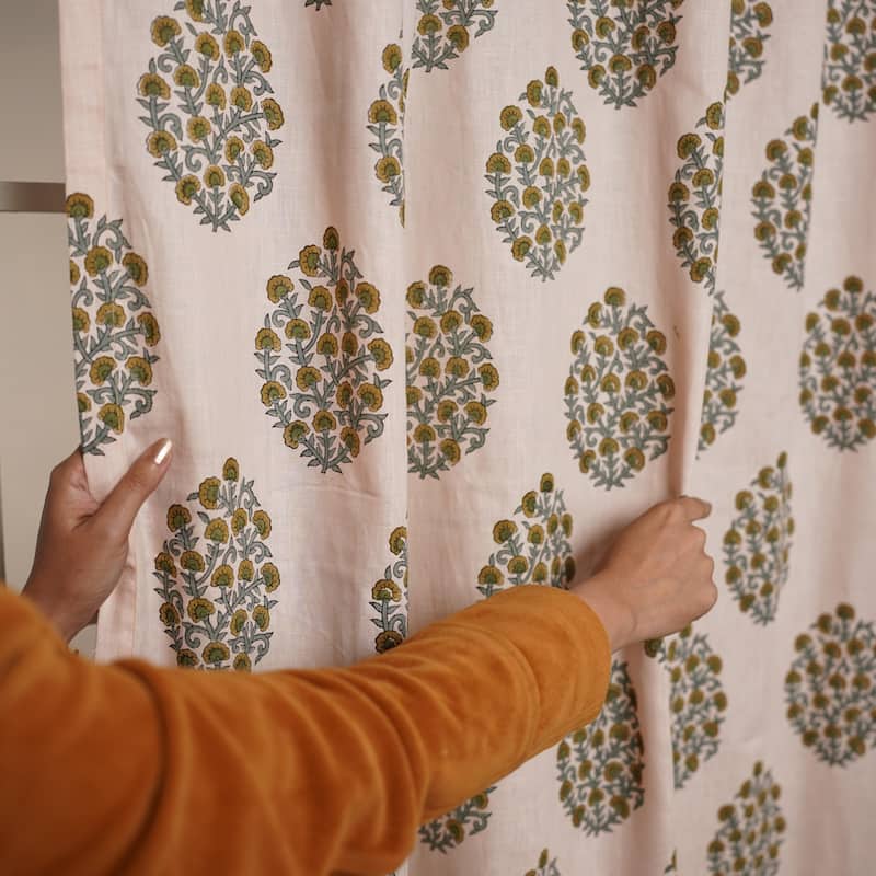 Fabdivine Block Print Curtain or Drape Decorative Home Accent Bed or Living Room - Gudhal- Mustard, Grey - 54" X 29"