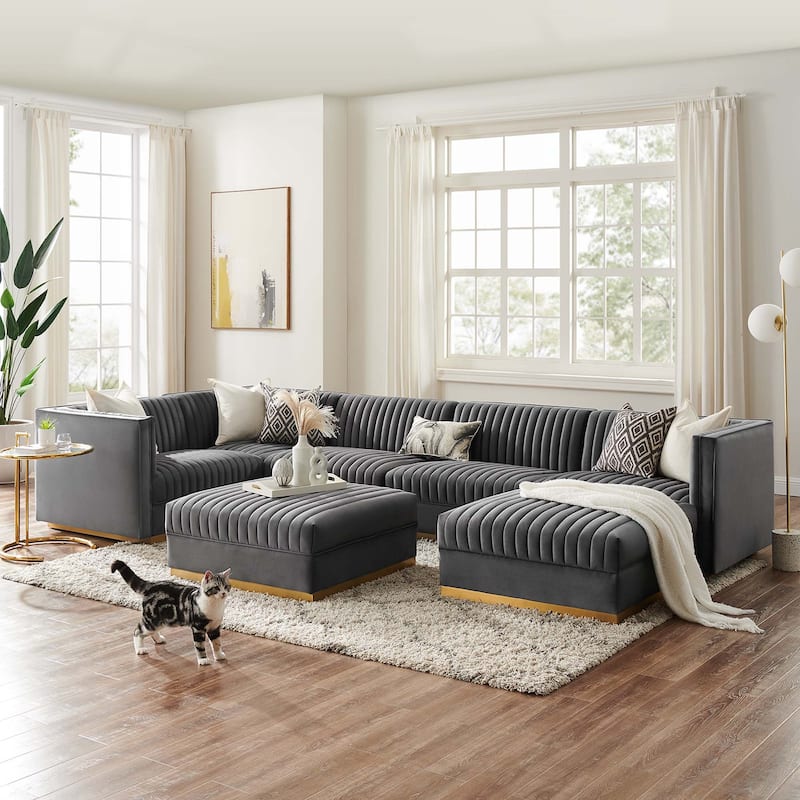 Sanguine Channel Tufted Performance Velvet 7-Piece Left-Facing Modular Sectional Sofa - Gray