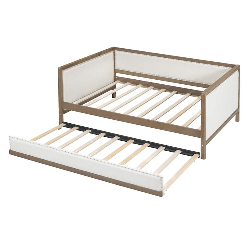 Roomfitters Full Size Upholstered Daybed with Trundle and Nailhead Trim, Beige