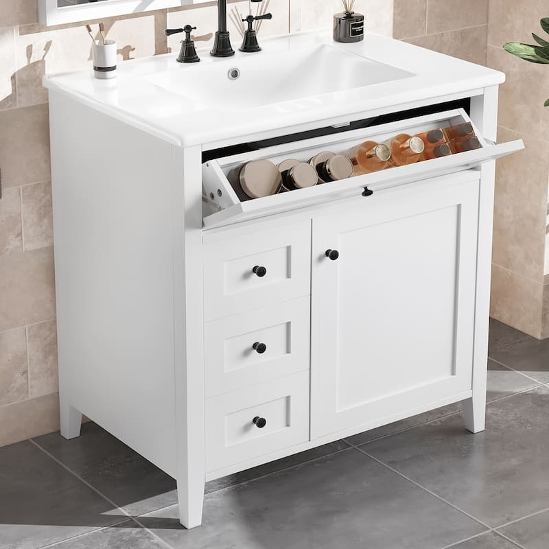 30-Inch Bathroom Vanity with Sink, Modern MDF and Rubberwood Cabinet with 3 Drawers and Adjustable Shelf, Freestanding