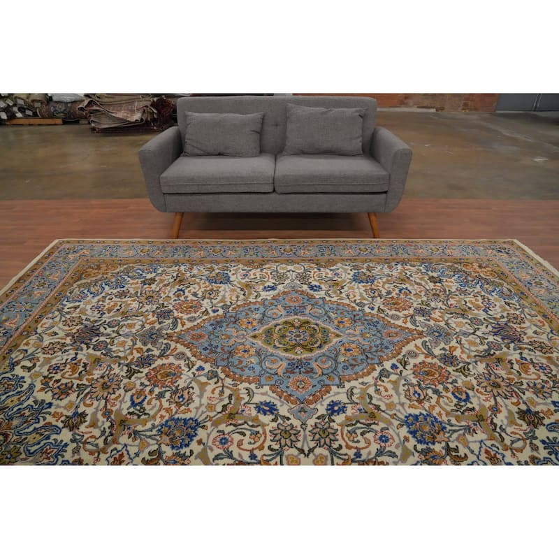 Hand Knotted Oriental 100% Wool Carpet Traditional Floral Beige & Ivories Kashan Area Rug - 10' 5'' X 6' 8''