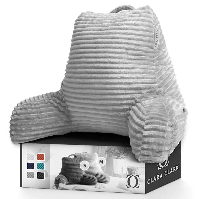 Clara Clark Cut Plush Striped Reading Pillow - Back Support Shredded Memory Foam Bed Rest Pillow with Arms - Medium - Silver Gray