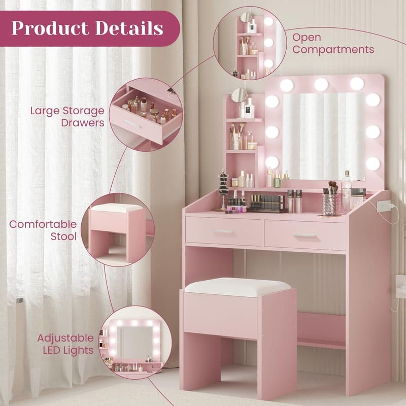 Makeup Vanity Desk with Mirror and Stool, Charging Station, 2 Drawers, 3 Shelves