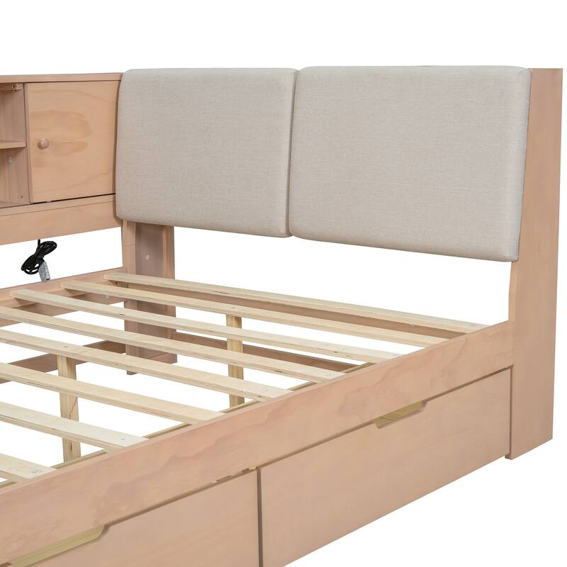 L-shaped Daybed Wooden Corner Sofa Bed Frame with Sliding Doors Bookcase Captains Bed, Upholstered Headboard Built-in Storage