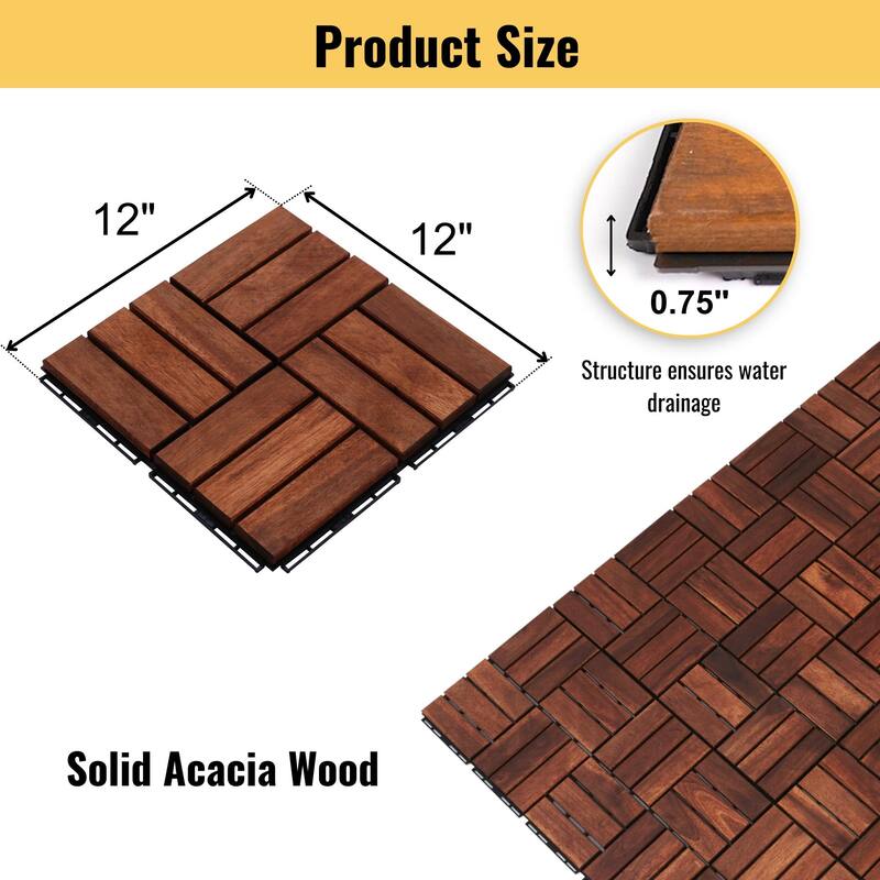 10 PCS Interlocking Deck Tiles Checker Pattern, 12" x 12" Square Acacia Hardwood Outdoor Flooring for Patio,Bancony,Pool Side