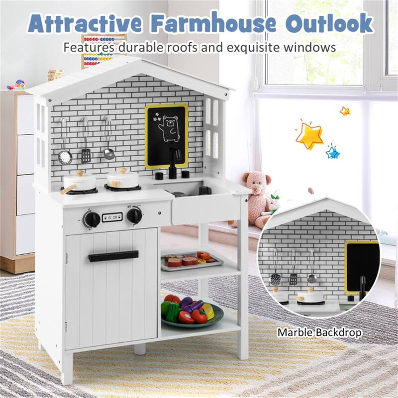 Kids Farmhouse Play Kitchen Set with Sink Chalkboard Utensils and Storage White Wooden Pretend Cooking Toy for Ages 3 and Up