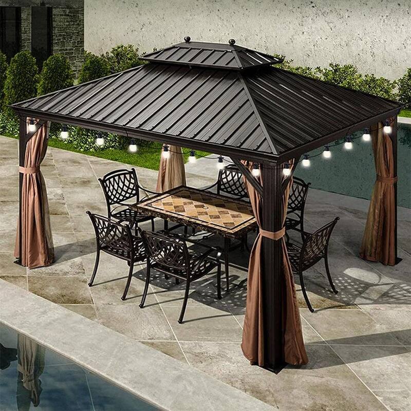 PURPLE LEAF Outdoor Gazebo Aluminum Frame Galvanized Steel Hardtop Gazebo with Bulbs - 10ft x 13ft - Beige