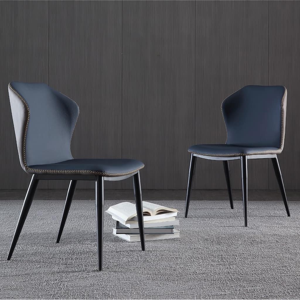 Modern Dining Side Chair, Cipri Leather Upholstery, Carbon Steel Legs, Dark Blue and Gray, Set of 2, Assembly Needed