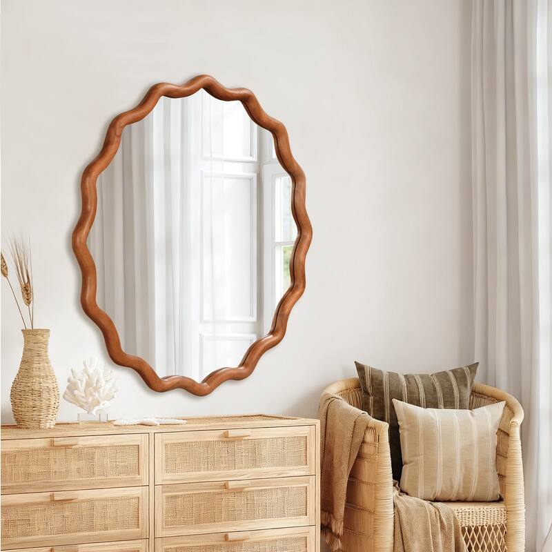 Wavy Round Solid Wood Frame Decorative Mirror Modern Farmhouse Wall Mirror For Bedroom Bathroom Living Room Entryway