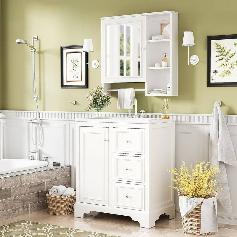 30'' Bathroom Vanity with Top Sink, Freestanding Vanity Set with Mirror Cabinet