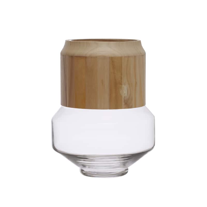 Glass Hurricane/Vase with Removable Acacia Wood Collar - 9.0"L x 9.0"W x 12.0"H - Clear - 9.0"L x 9.0"W x 12.0"H