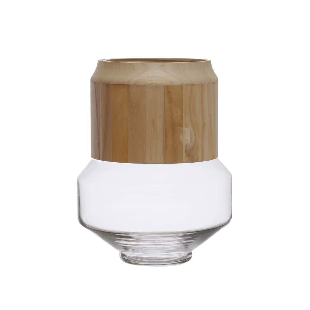 Glass Hurricane/Vase with Removable Acacia Wood Collar - 9.0"L x 9.0"W x 12.0"H
