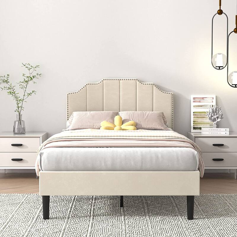 Javlergo Upholstered Platform Bed Frame with Nailhead Trimmed Adjustable Height Headboard, No Box Spring Needed