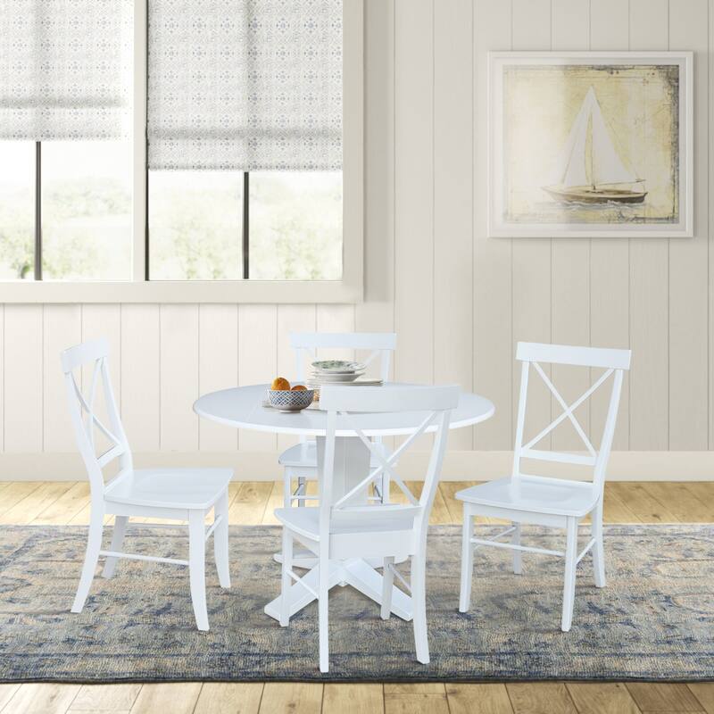 42 in Round Drop Leaf Pedestal Table with Dining Chairs in White