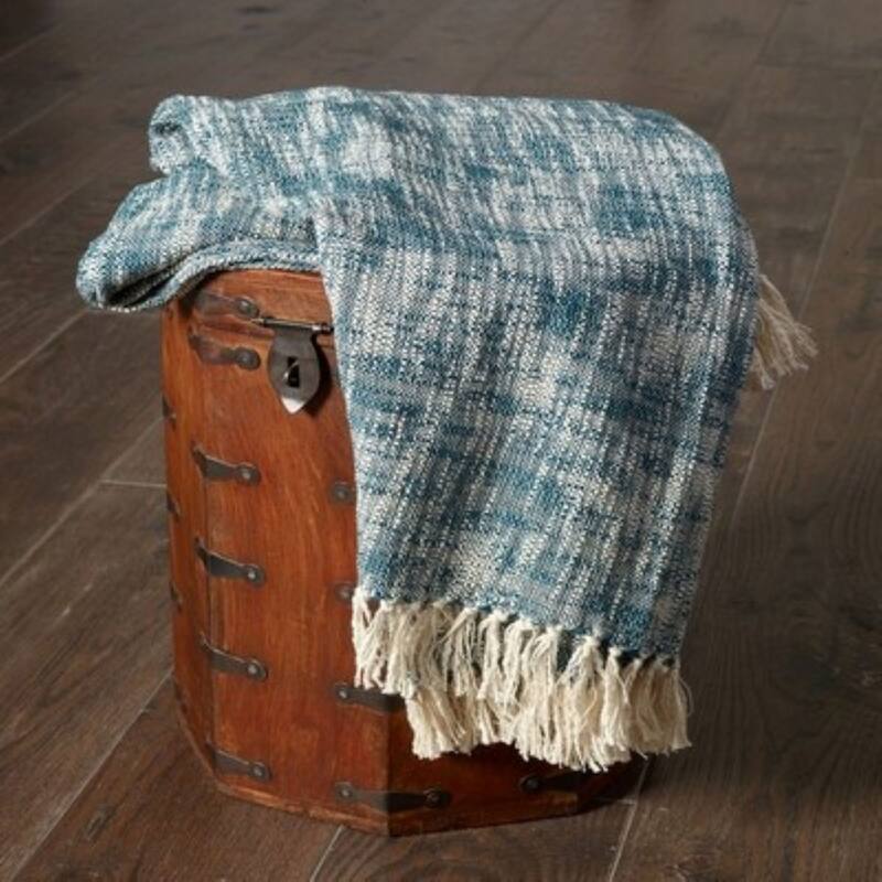 Sevita Boho Chambray Standard Size Throw Blanket with Fringe - Blue/Ivory