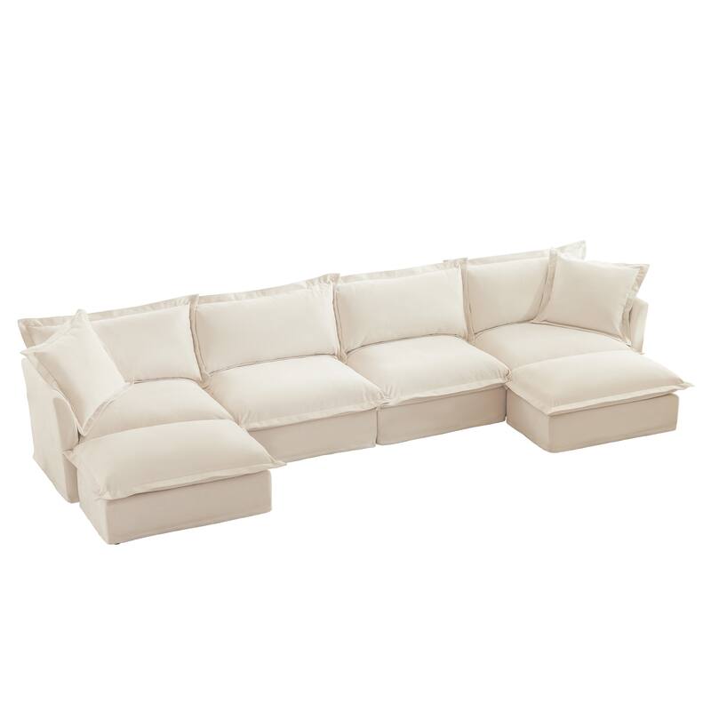 Modern 4 Seater Upholstered Sofa with 2 Ottomans and 2 Pillows