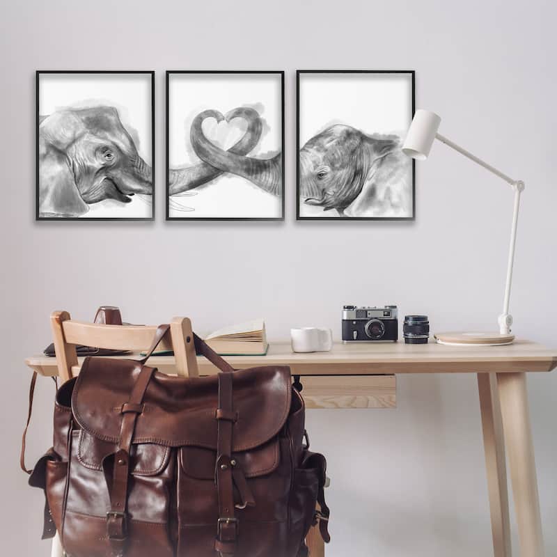Stupell Elephant Trunk Heart Jungle Animal Illustration, 3pc Multi Piece Framed Wall Art Set