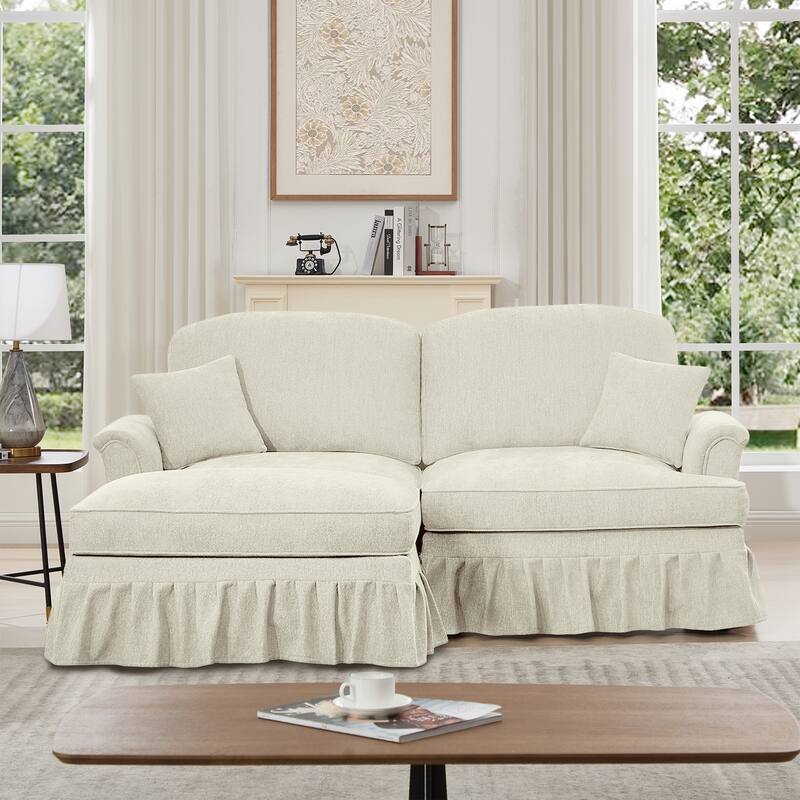 2-Seater L Shaped Sofa Couch, Lounge Sofa with Removable Ruffles Pleats Skirts, Loveseat Sofa with Movable Ottoman