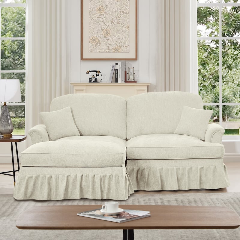 76.4" L Shaped 2-Seat Sectional Sofa, Chenille Couch with Ottoman, Flared Arms Loveseat with Removable Ruffles Pleats Skirts