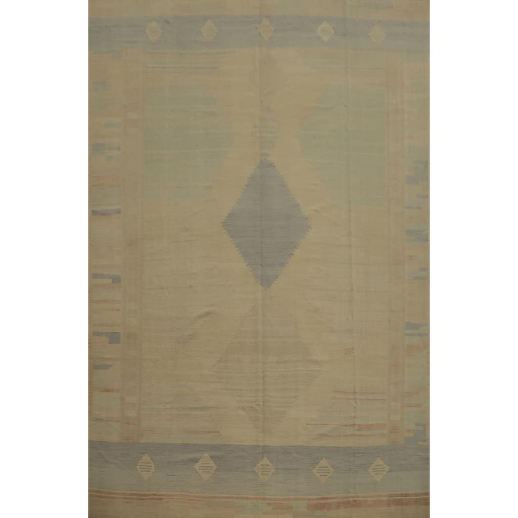 Hand Woven Oriental 100% Wool Carpet Southwestern Tribal Beige & Ivories Kilim Area Rug - 13' 1'' X 10' 1''